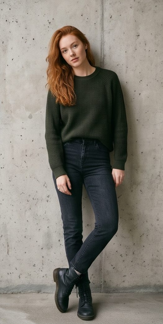 Clara M., full length against a concrete wall